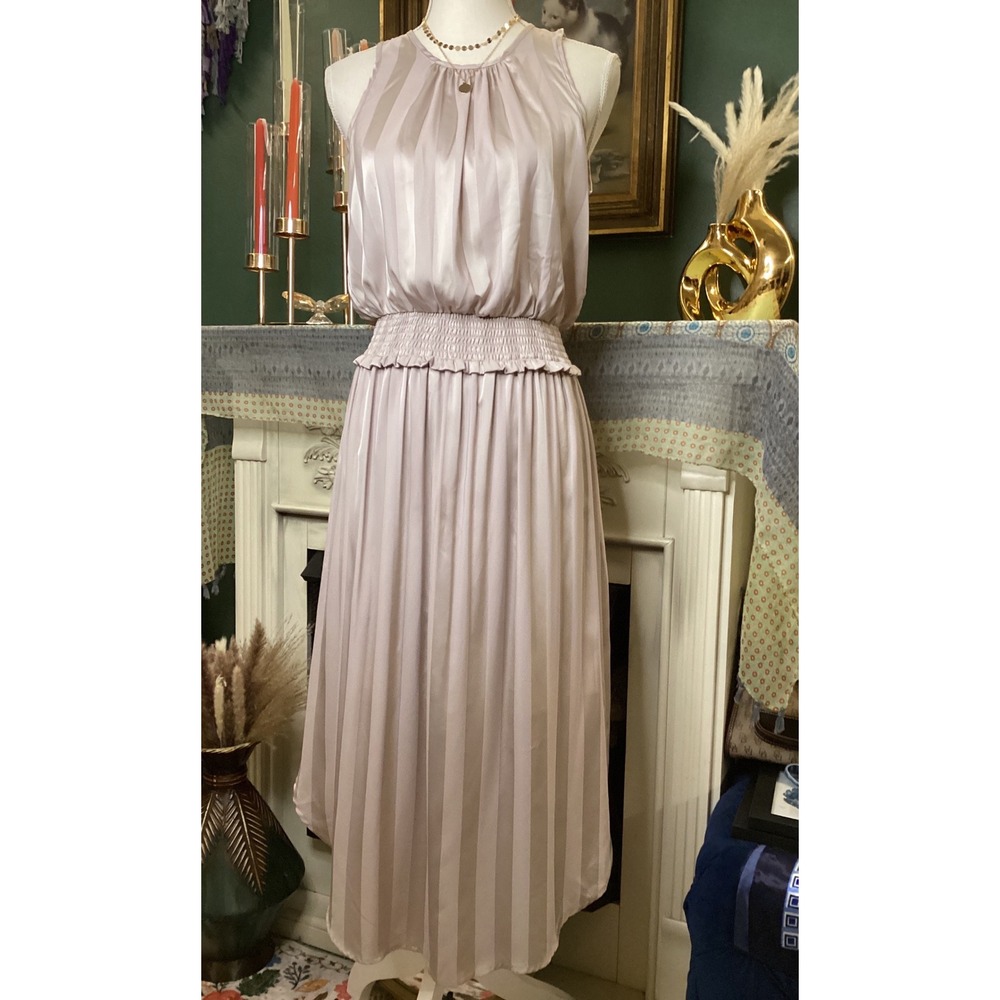 Entro Women Mauve Satin Striped Smocked Waist Pleated Midi Dress Size S D14082